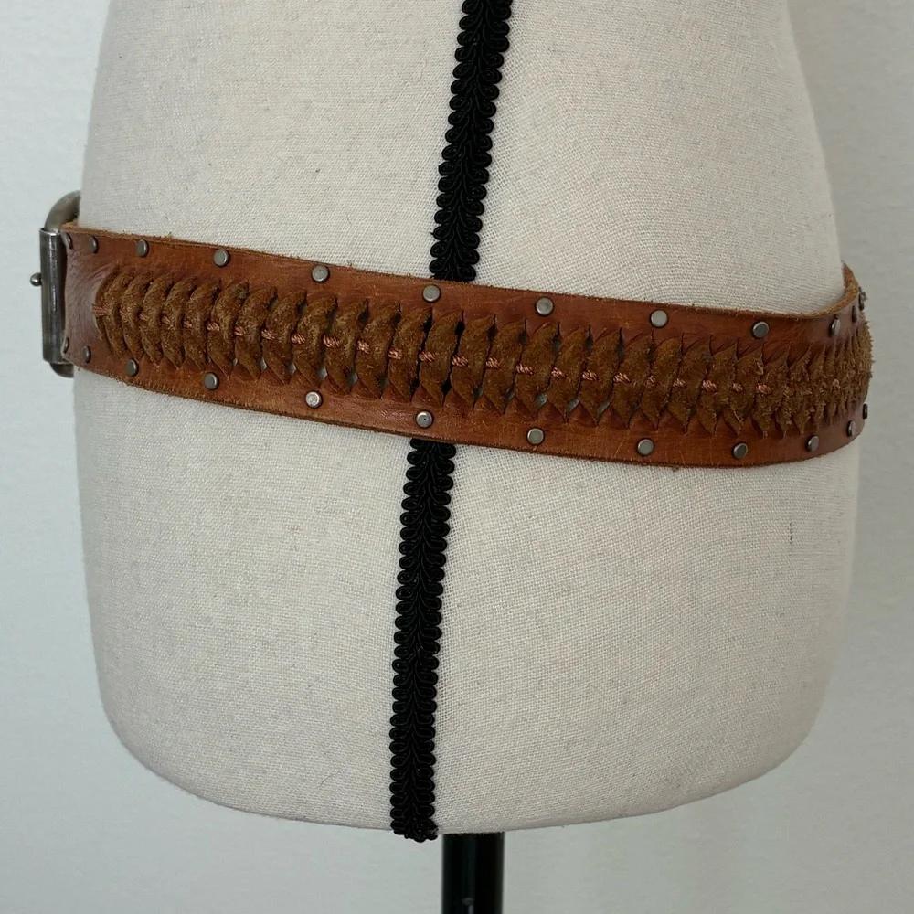 Buckle Braided Leather Studded Brown Belt